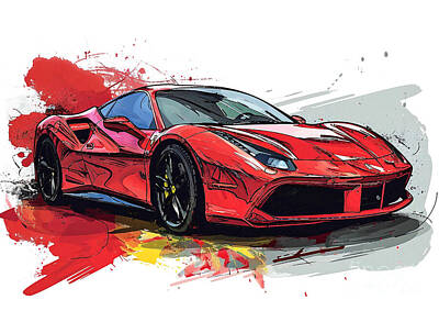 Sports Paintings - Ferrari 488 Pista watercolor abstract vehicle by Clark Leffler