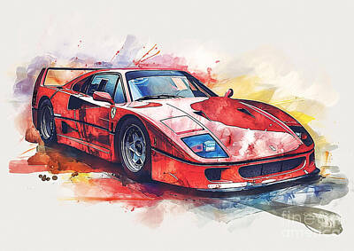 Sports Paintings - Ferrari F40 watercolor abstract vehicle by Clark Leffler