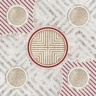 Abstract Mixed Media - Festive Sparkly Geometric Glyph Art in Red Silver and Gold n.0082 by Holy Rock Design