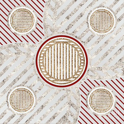 Fantasy Mixed Media - Festive Sparkly Geometric Glyph Art in Red Silver and Gold n.0097 by Holy Rock Design