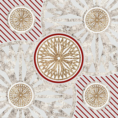 Fantasy Mixed Media - Festive Sparkly Geometric Glyph Art in Red Silver and Gold n.0107 by Holy Rock Design