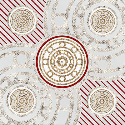 Fantasy Mixed Media - Festive Sparkly Geometric Glyph Art in Red Silver and Gold n.0132 by Holy Rock Design