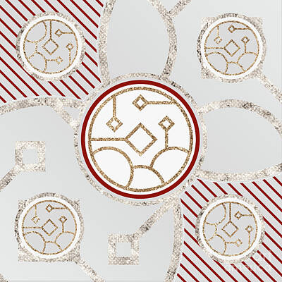 Abstract Mixed Media - Festive Sparkly Geometric Glyph Art in Red Silver and Gold n.0347 by Holy Rock Design