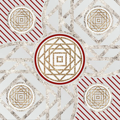 Abstract Mixed Media - Festive Sparkly Geometric Glyph Art in Red Silver and Gold n.0367 by Holy Rock Design