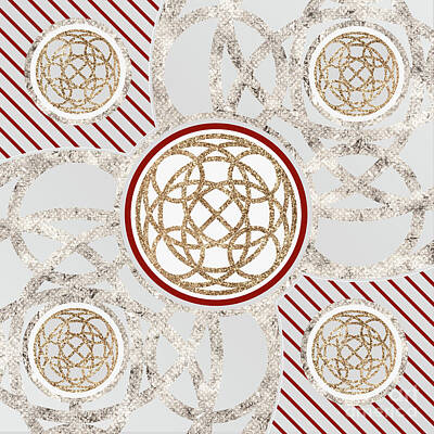 Abstract Mixed Media - Festive Sparkly Geometric Glyph Art in Red Silver and Gold n.0402 by Holy Rock Design