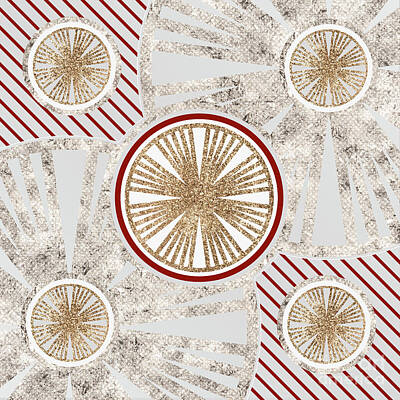 Abstract Mixed Media - Festive Sparkly Geometric Glyph Art in Red Silver and Gold n.0412 by Holy Rock Design