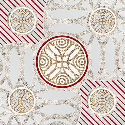 Abstract Mixed Media - Festive Sparkly Geometric Glyph Art in Red Silver and Gold n.0422 by Holy Rock Design