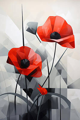 Florals Paintings - Fiery Red Poppies - Geometric Floral Art by Lourry Legarde