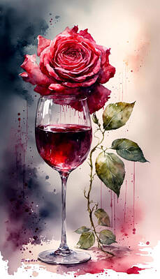 Food And Beverage Digital Art - Fine Red Wine and a Beautiful Rose 1 by Floyd Snyder