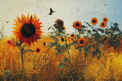 Sunflowers Paintings - fire  burns  sunflower  field  birds  wind  by  Gerhard  Rich  b2264556396450435  dc5f  645eb043  9b by Celestial Images