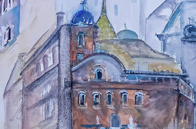 City Scenes Paintings - First Drawing Sketch With Paint And Emergence Of Architecture with Domes by Lisa Kaiser