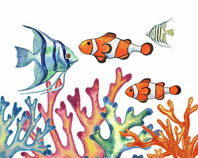 Animals Paintings - Fish Talk Watercolor Of Angelfish Clownfish and Corals by Irina Sztukowski