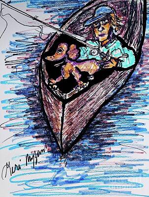 Mixed Media - Fishing with my dog on canoe by Geraldine Myszenski