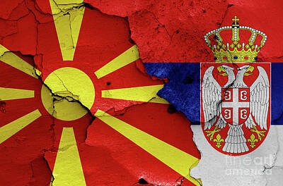 Travel Luggage - flags of North Macedonia and Serbia painted on cracked wall by Dan Radi