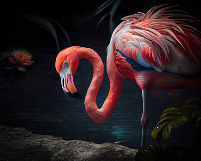 Lilies Digital Art - Flamingo by the Pond by Lily Malor