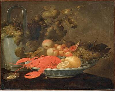 Beer Painting Rights Managed Images - Flemish School circa 1650 Lobster lemons  figs  peaches  apricots Royalty-Free Image by MotionAge Designs