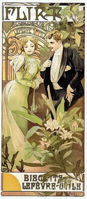 Drawings Rights Managed Images - Flirt by Alphonse Mucha 1899 Royalty-Free Image by Alphonse Mucha