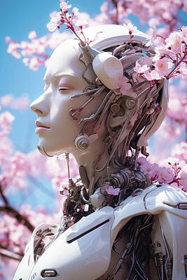 Landscapes Kadek Susanto Royalty Free Images - Floral Cyborg Head 08 Cherry Blossom Royalty-Free Image by Matthias Hauser