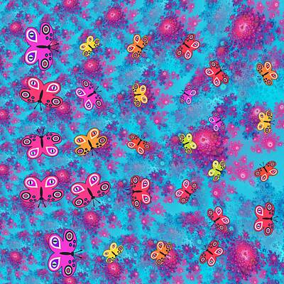 Florals Digital Art - Floral decorative ornamental pink blue pattern with butterflies by Lenka Rottova