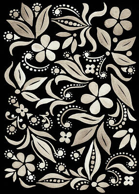 Abstract Flowers Paintings - Floral Pattern With Flowers And Leaves On Black Silver Gray Watercolor by Irina Sztukowski