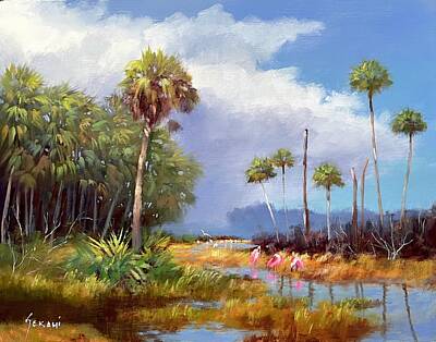Birds Paintings - Florida Wetland and Spoonbills Landscape Art Print. by Karim Gebahi