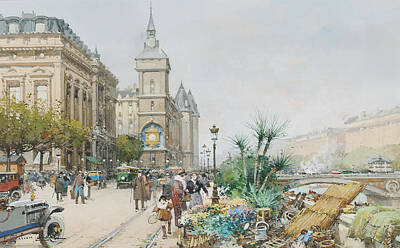 Royalty-Free and Rights-Managed Images - Flower market on the Seine by Eugene Galien Laloue