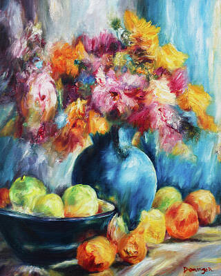 Food And Beverage Paintings - Flowers And Fruits by Domingo Rodriguez