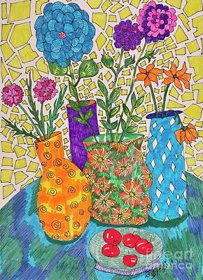 Food And Beverage Drawings - Flowers Bright and Cherries Red by Caroline Street