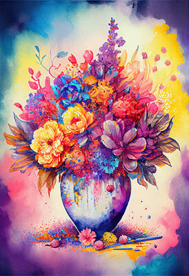 Surrealism Digital Art - Flowers  in  Vase  Surreal  artwork  in  the  style  of  debf  ba    c  cda by Asar Studios by Celestial Images