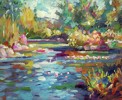 Lilies Paintings - Flowers Reflecting In The Pond by David Lloyd Glover