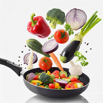 Food And Beverage Digital Art - Flying fresh vegetables and spices over a frying pan by Viktor Birkus