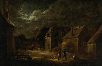 Thomas Kinkade Rights Managed Images - FOLLOWER OF DAVID TENIERS II Flemish 1610 1690 A moonlit village street with peasants and a dog Royalty-Free Image by Artistic Rifki