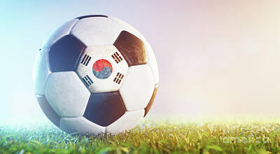 Sports Photos - Football soccer ball with flag of South Korea on grass by Michal Bednarek