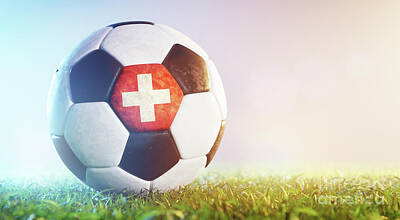 Football Royalty-Free and Rights-Managed Images - Football soccer ball with flag of Switzerland on grass by Michal Bednarek