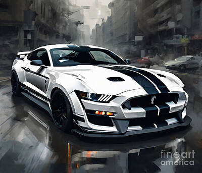 Sports Drawings - Ford Mustang Shelby Gt500 Exterior Front View White Sports Coupe Tuning Mustang Shelby Gt500 by Cortez Schinner