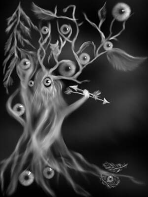 Surrealism Drawings - Forest Angel with Arrows by Jill Watson