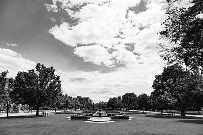 Architecture David Bowman - Fountain with clouds on the campus of the University of Oklahoma in black and white by Eldon McGraw
