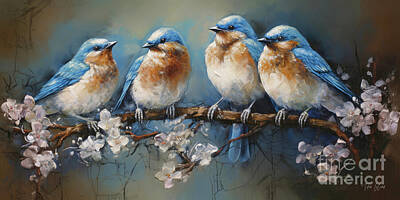 Whimsical Animal Illustrations - Four Beautiful Bluebirds by Tina LeCour