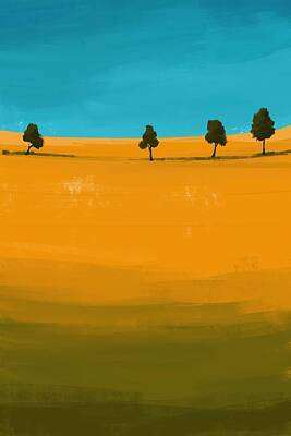 Abstract Landscape Mixed Media - Four Trees on a Meadow - Minimal Landscape Painting - Colorful, Poetic Abstract by Cosmic Soup