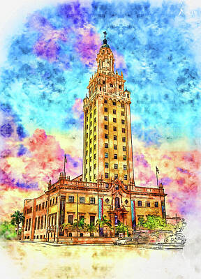 States As License Plates - Freedom Tower in Miami, Florida, at sunset - pen and watercolor by Nicko Prints