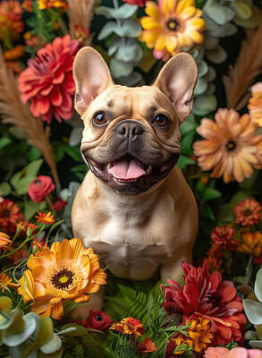 Lilies Digital Art - French Bulldog with Exotic Flowers by Lily Malor