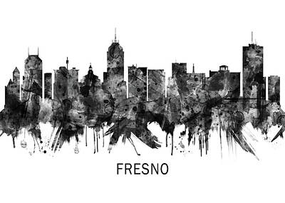 City Scenes Mixed Media - Fresno California Skyline BW by NextWay Art