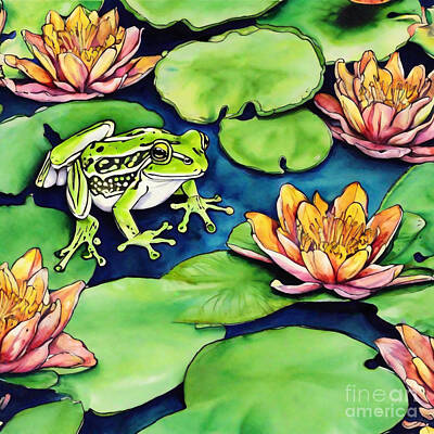 Lilies Digital Art - Frogs Clustered Sheltering Tightly On Broad Tropical Lily Pads by Rhys Jacobson