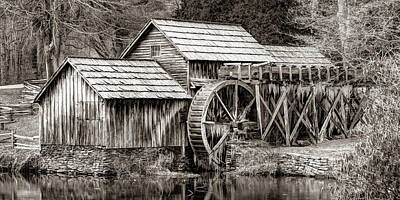 Royalty-Free and Rights-Managed Images - Frozen Mabry Mill Sepia Panorama - Virginia Blue Ridge Parkway by Gregory Ballos