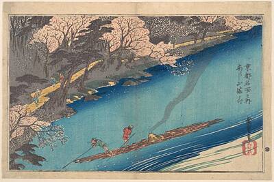 The Art Of Fishing - Full Blossom at Arashiyama on the Oi River   Utagawa Hiroshige  by Artistic Rifki