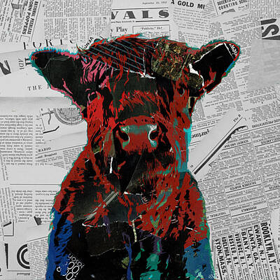 Animals Mixed Media - Funky cow portrait paper collage by Western Exposure