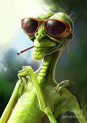 Animals Digital Art Rights Managed Images - Funny 1334 A Praying mantis animal mammal Royalty-Free Image by Adrien Efren