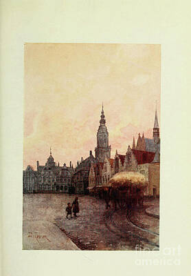 City Scenes Drawings - Furnes Grand Place and Belfry g3 by Historic Illustrations
