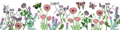 Stunning 1x - Garden Flowers Dragonflies And Butterflies Botanical Art Watercolor  by Irina Sztukowski