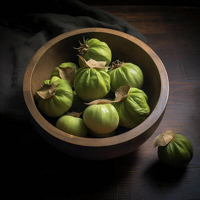 Digital Art - Garden Fresh Tomatillos in a Wooden Bowl by Yo Pedro